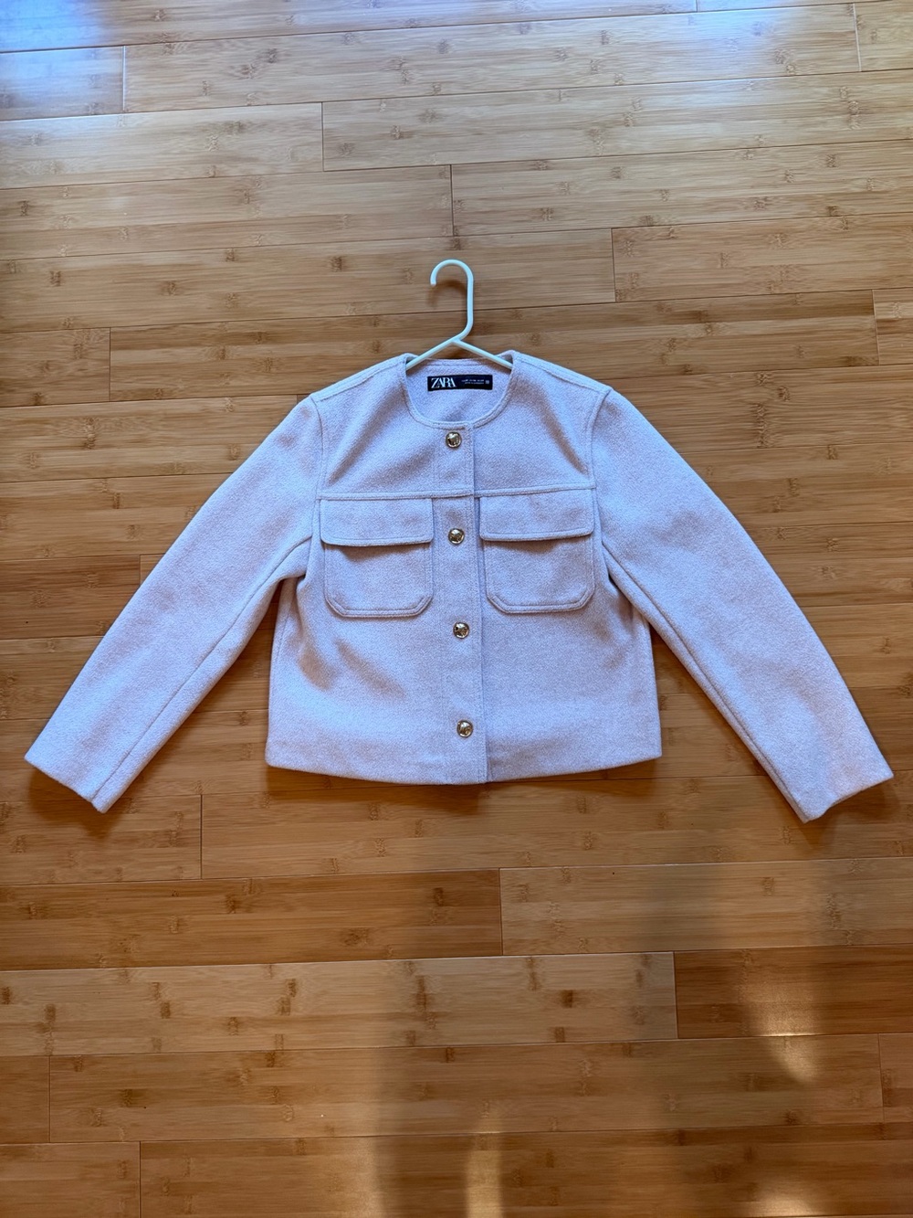Zara Soft Pink Cropped Jacket with Gold Buttons | Business Casual | Size XS